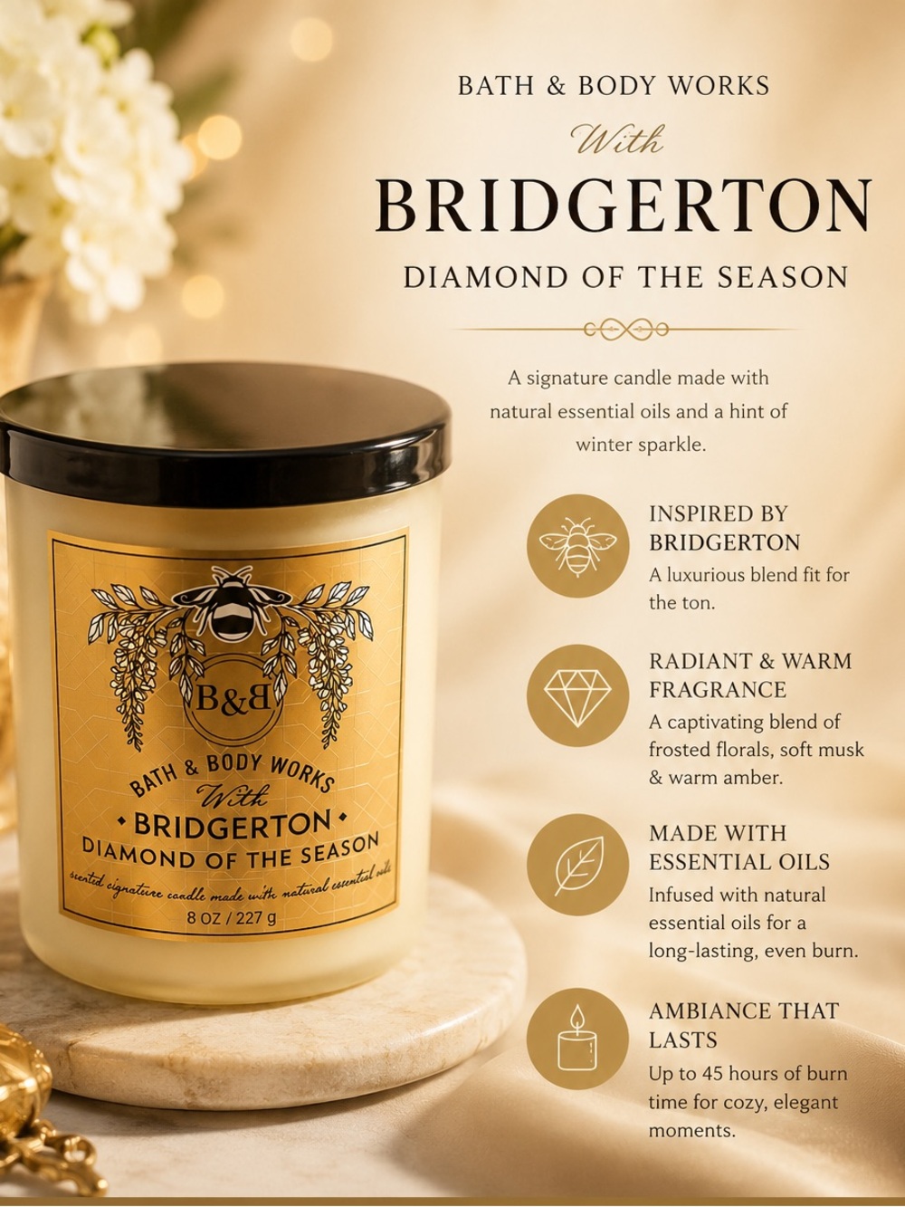 Bath & Body Works Bridgerton Diamond of the Season Candle - Gold & Black
